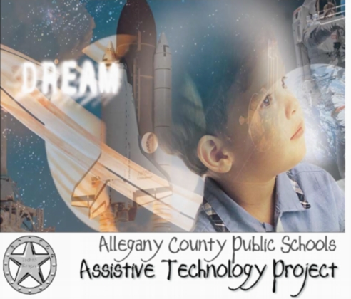 assistive technology graphic, a collage including a boy's face superimposed over planets and a space shuttle, with the word Dream.